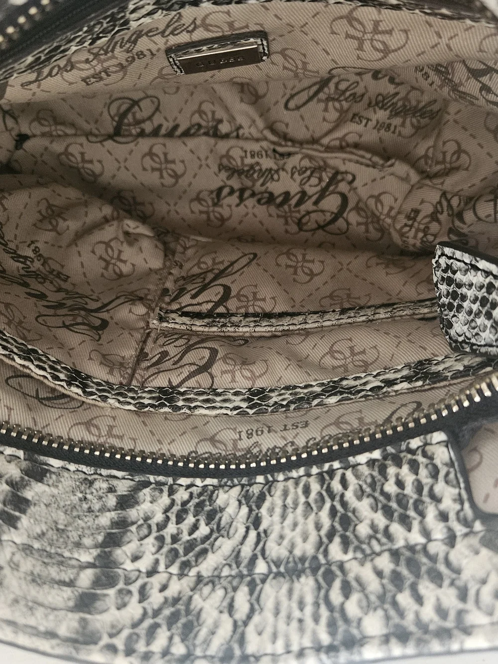 Guess Snake-Print Satchel in White and Black